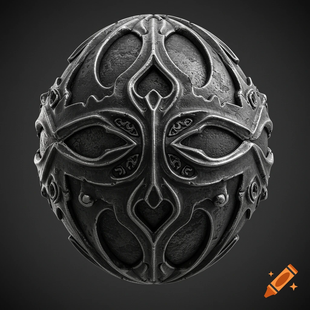 A dark metallic sphere with intricate, ornate, dark fantasy-style patterns on its surface.