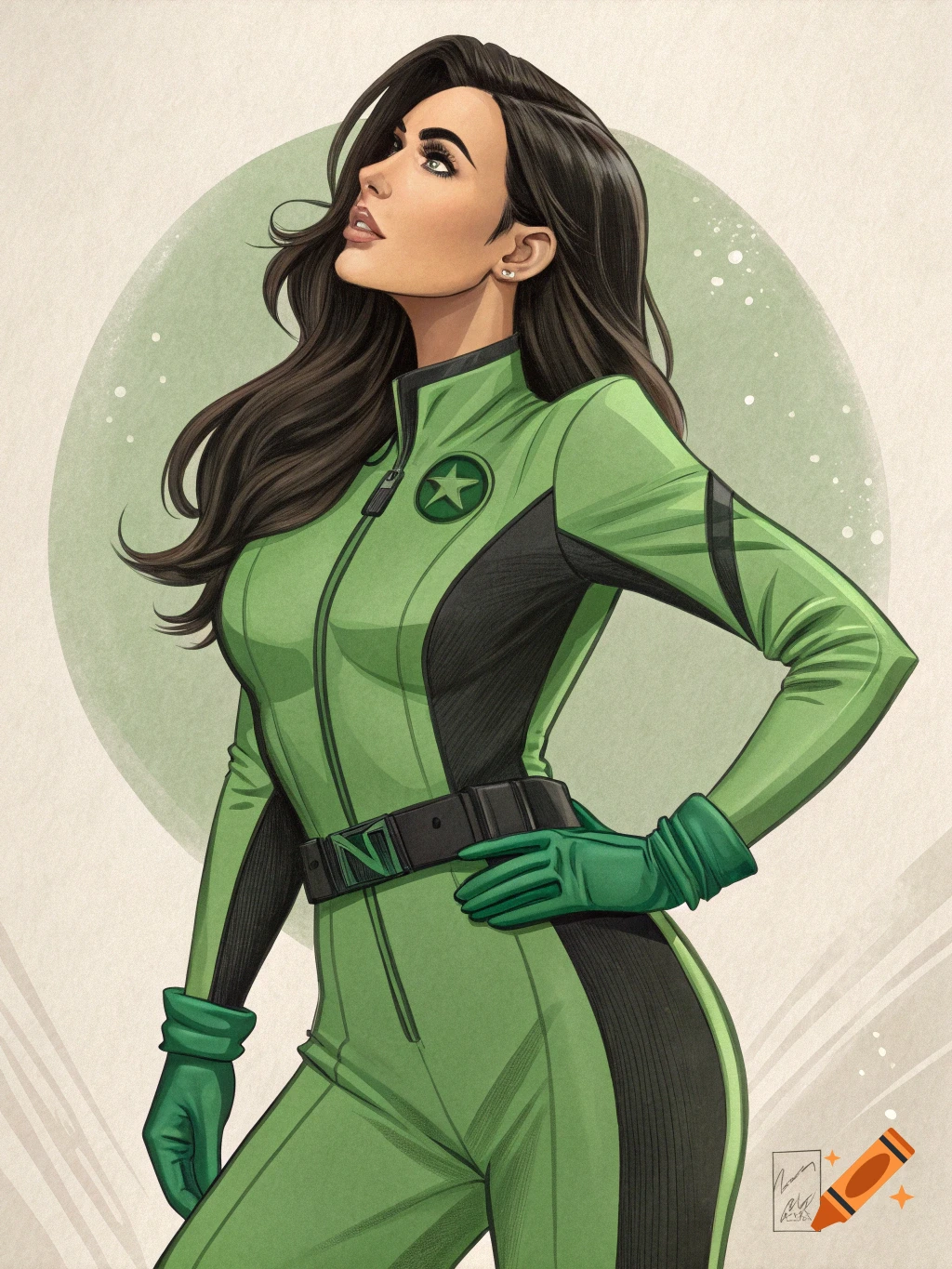 An illustration of a woman with long dark hair wearing a green and black superhero suit with a star emblem.