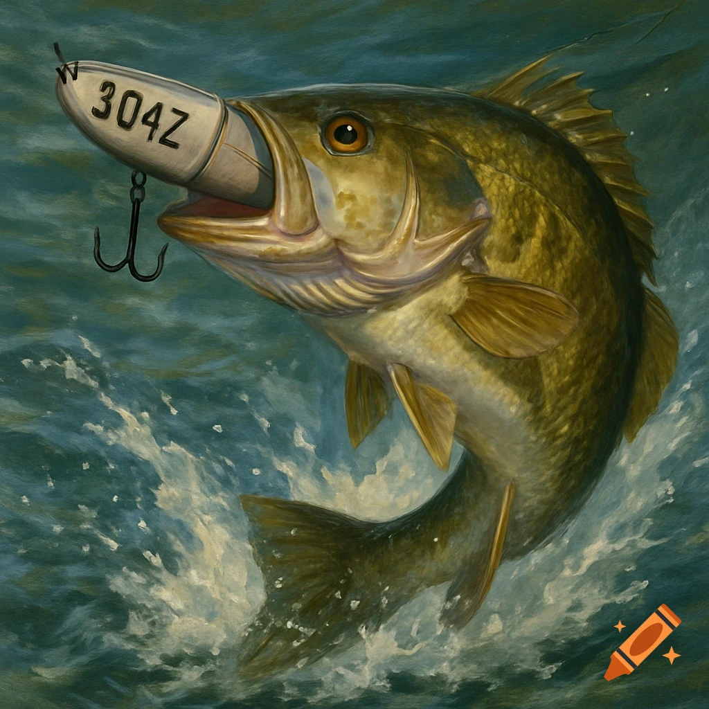 A smallmouth bass jumps out of the water with a lure marked '304Z' hooked in its mouth, rendered in a painterly style.