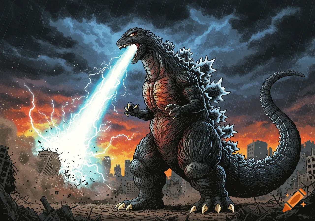 Godzilla, in comic book style, blasts atomic breath at a collapsing city under a stormy, lightning-filled sky.