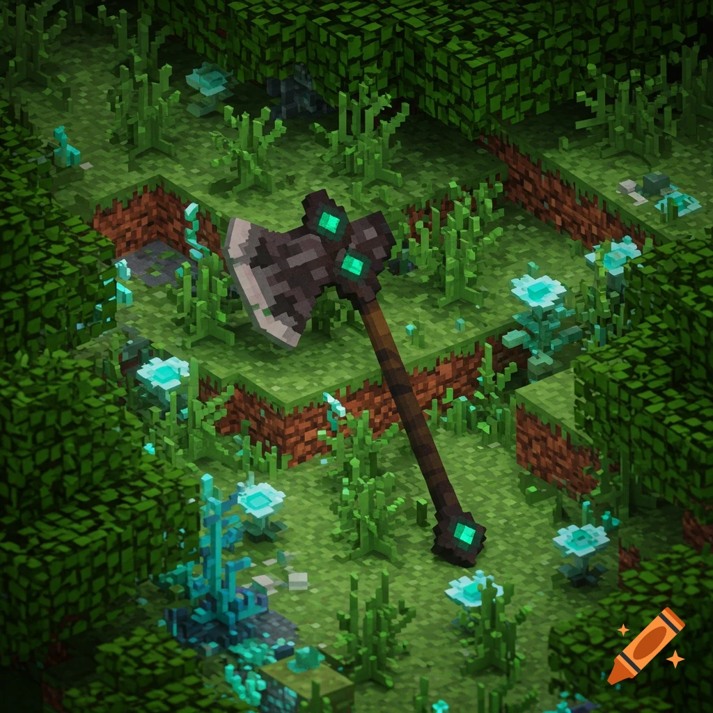 A pixel art image of a large, dark axe with glowing green gems stuck in the blocky green ground of a vibrant forest with glowing blue plants.
