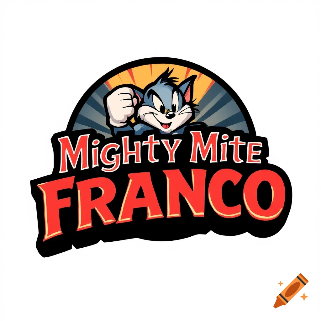 Cartoon logo with Tom from Tom and Jerry flexing, above red text 'Mighty Mite FRANCO' in 50s style.