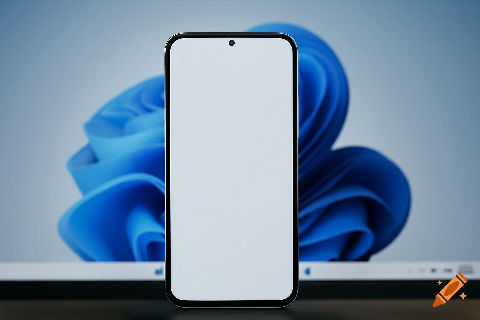 A modern smartphone with a blank white screen centered in front of a blurred Windows 11 desktop background.