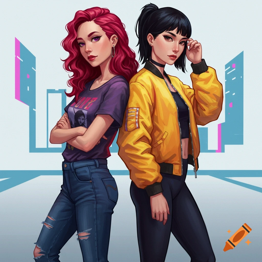 Two women with colorful hair stand back-to-back in a stylized illustration with urban-like background elements.