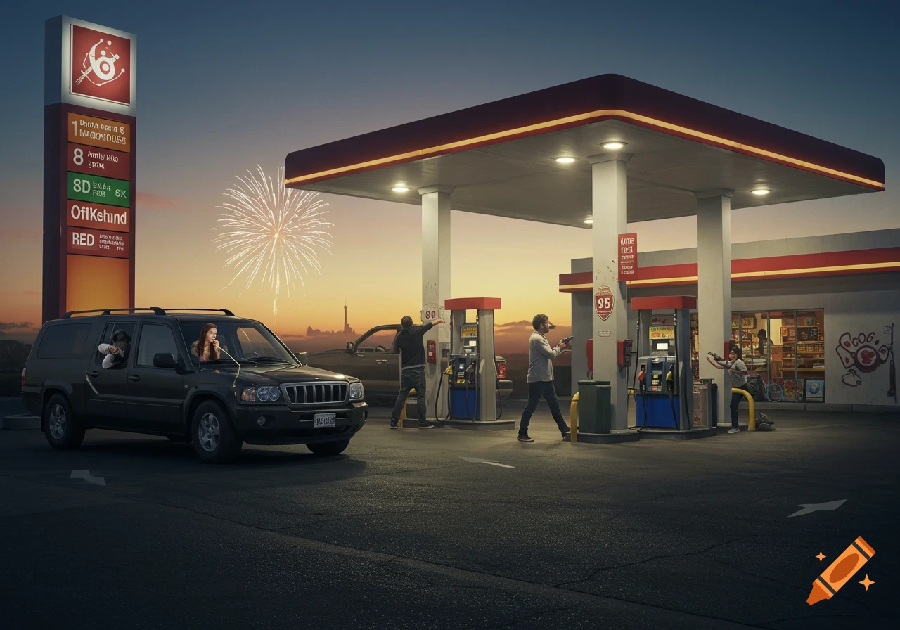 A chaotic scene at a gas station at dusk with fireworks in the sky. People are holding guns, and a dark SUV drives away with a gas hose still attached.