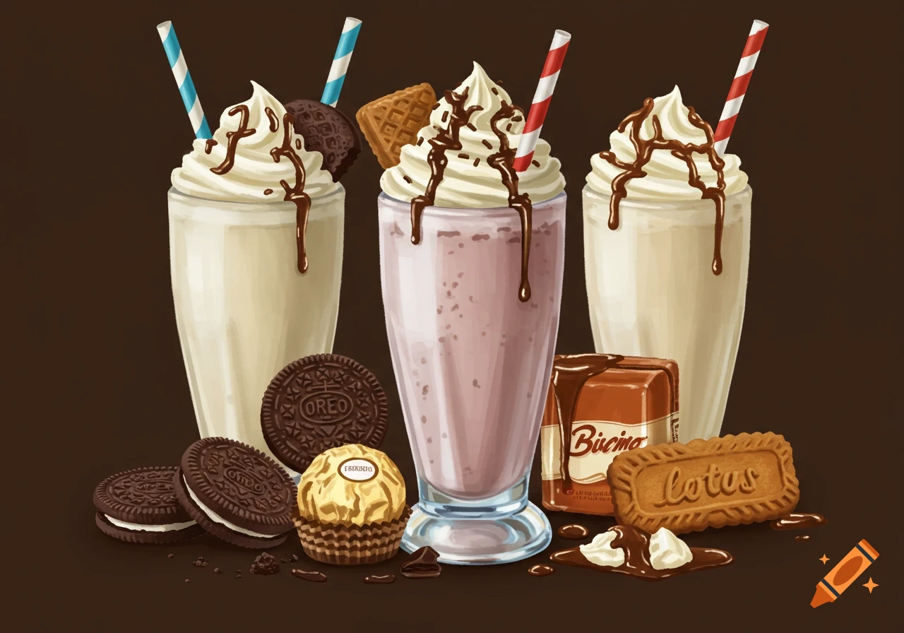 An illustration of three milkshakes with whipped cream and chocolate syrup, surrounded by Oreo cookies, Ferrero Rocher, a chocolate bar labeled "Biciana", and a Lotus Biscoff cookie.