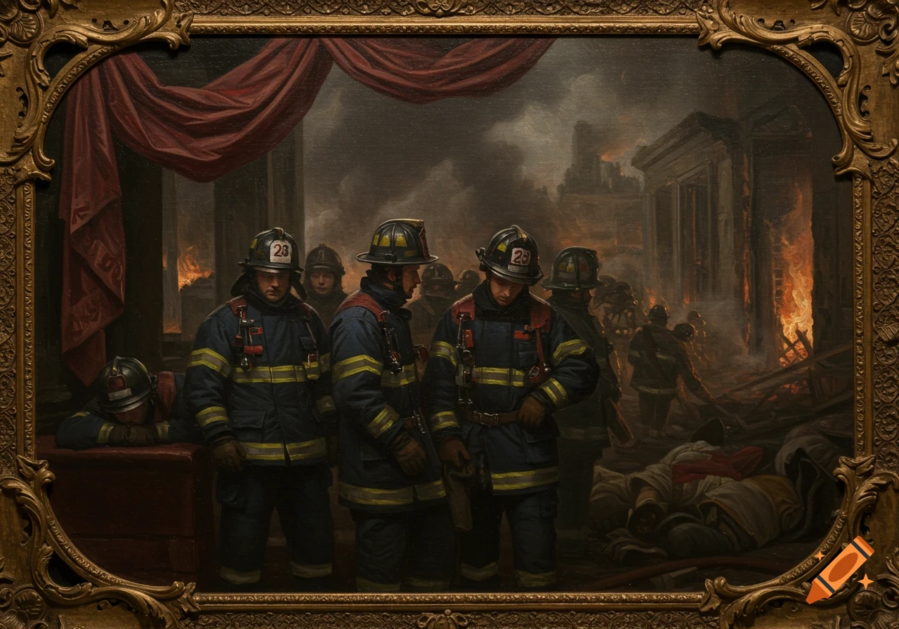 A baroque painting depicts somber firefighters in uniform amidst the smoky, fiery aftermath of a building fire, framed by ornate gold.
