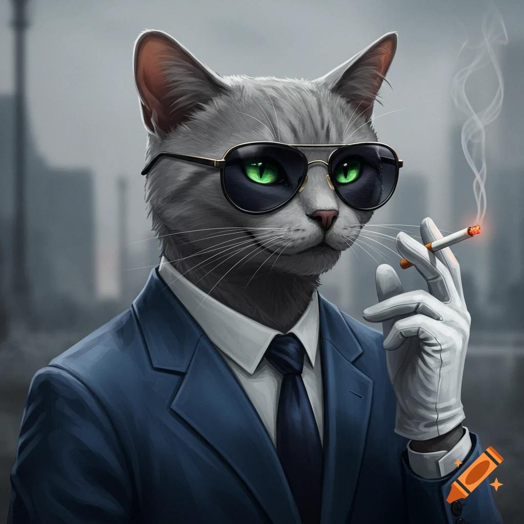 A grey cat wearing sunglasses, a blue suit, and white gloves, holding a lit cigarette with smoke rising. Photorealistic style.