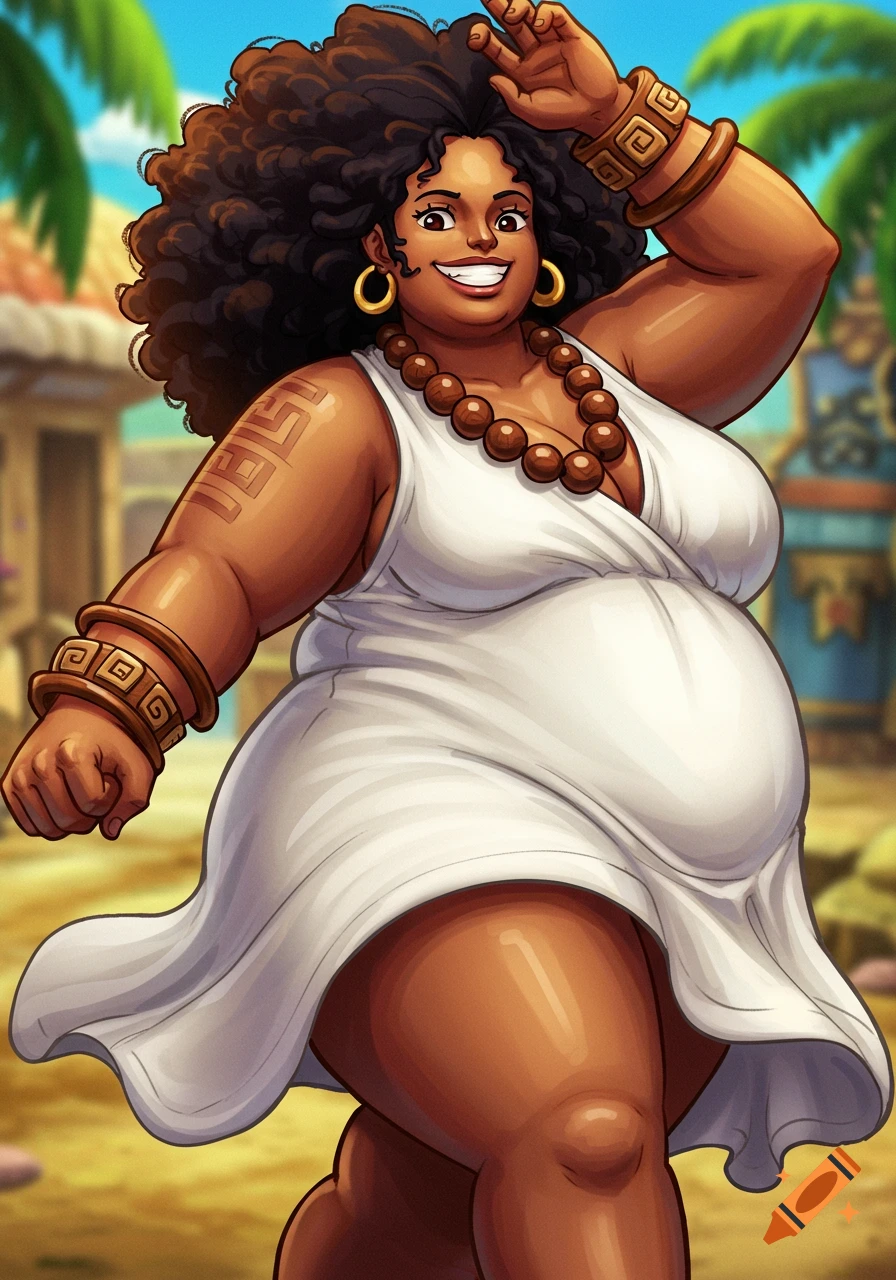 Anime-style character with dark curly hair, white dress, and bracelets, smiling in a tropical setting.