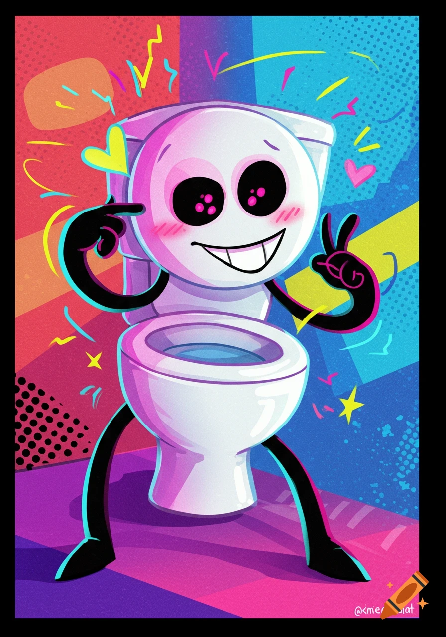A cute, smiling cartoon toilet character with black limbs makes hand gestures against a vibrant, abstract background with stars and hearts.