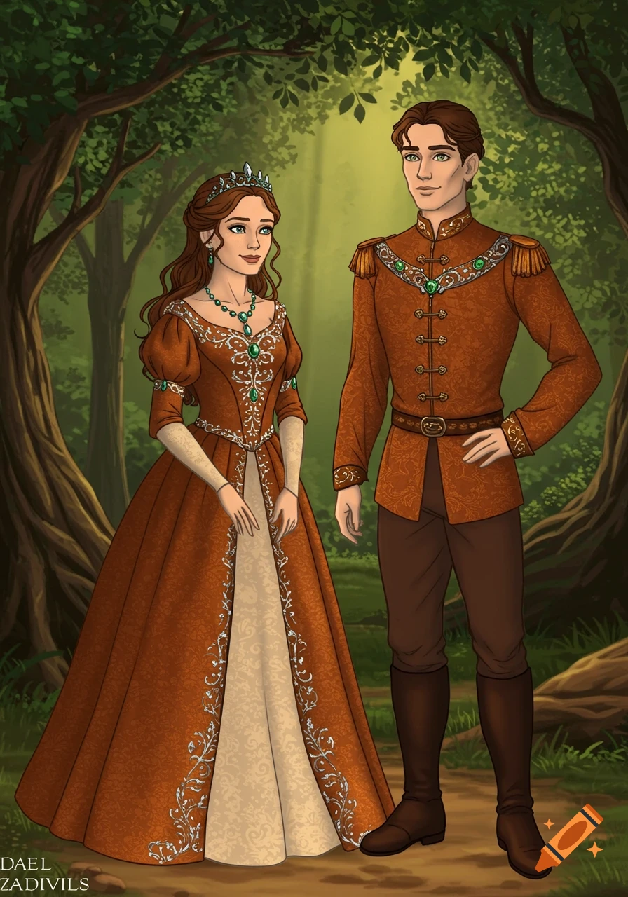 An illustrated prince and princess wearing elaborate burnt orange and cream gowns with silver and green jewel adornments, standing in a lush forest.