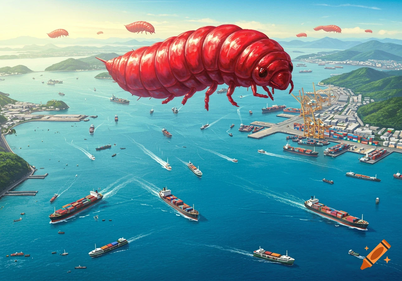 A huge red maggot-like creature flies over a busy bay with ships and a port city.