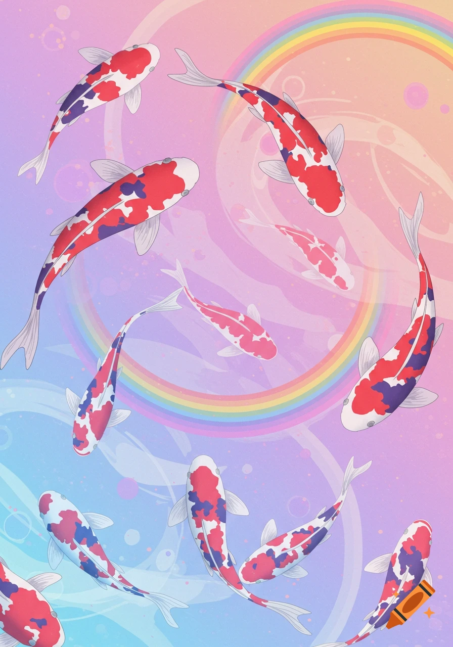 Vibrant koi fish with red, white, and purple markings swim in a circle on a pastel rainbow background. Stylized illustration.