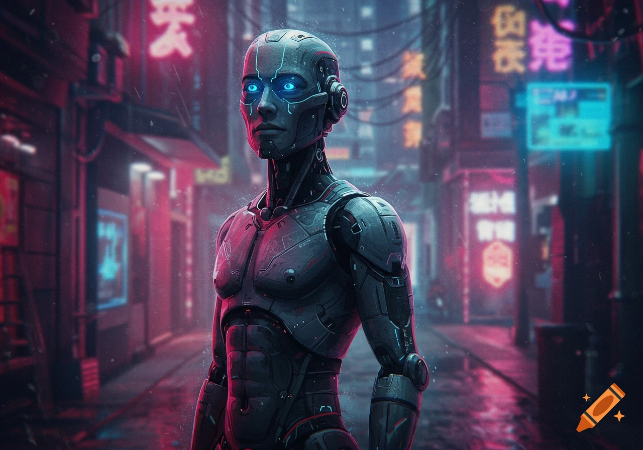 A robotic figure with glowing blue eyes stands in a neon-lit cyberpunk city street at night.