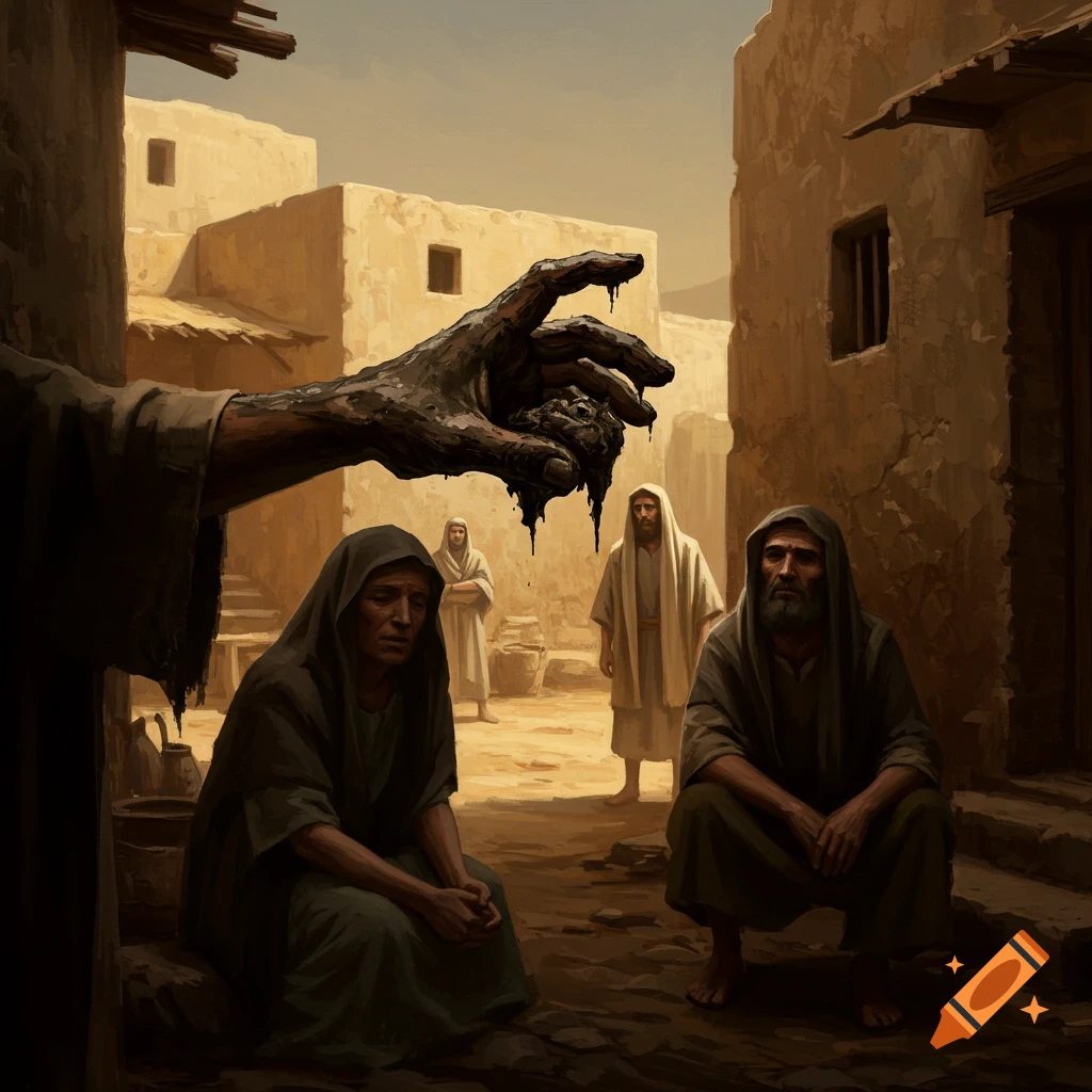 A large, dark, mud-covered hand reaches down towards robed figures in an ancient, dusty village street, reminiscent of a biblical scene.