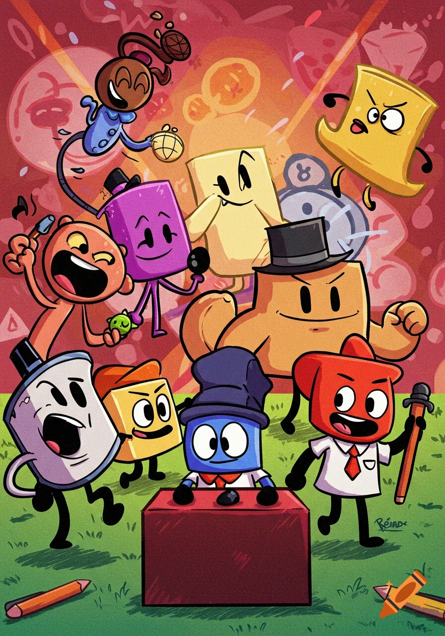 Vibrant cartoon illustration featuring several anthropomorphic object characters, including a purple box and yellow paper, with expressive faces, in a dynamic scene with pencils on grass.