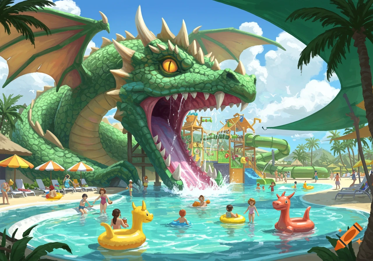 A vibrant illustration of a dragon-themed water park with a huge green dragon as a waterslide and many people swimming.