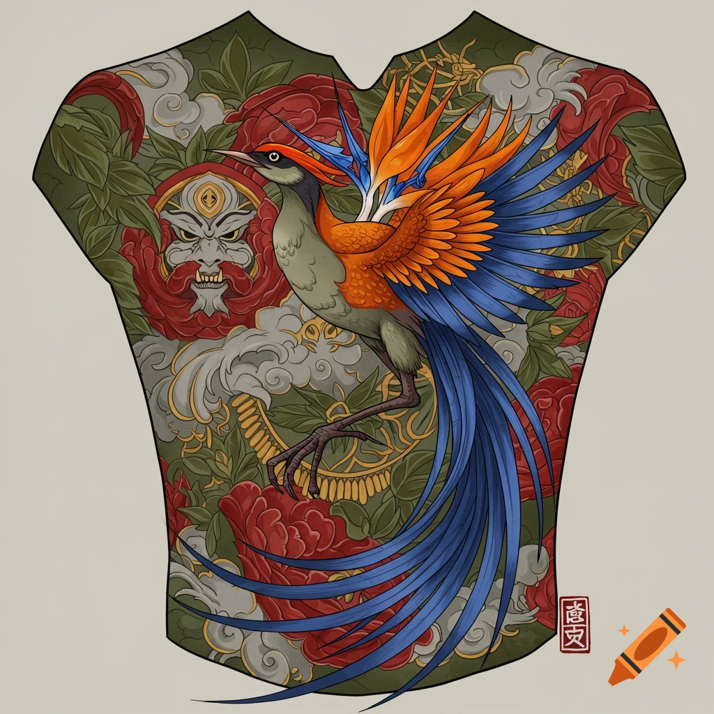 A vibrant oriental tattoo design of a colorful bird with long tail feathers and a Japanese demon mask among red peonies and clouds.