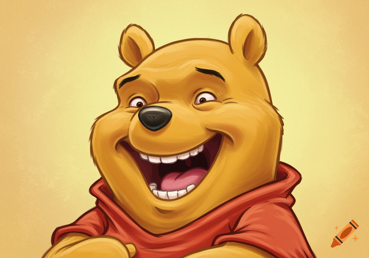 A cartoon illustration of Winnie the Pooh laughing widely, with his mouth open and eyes squinted, wearing a red shirt.
