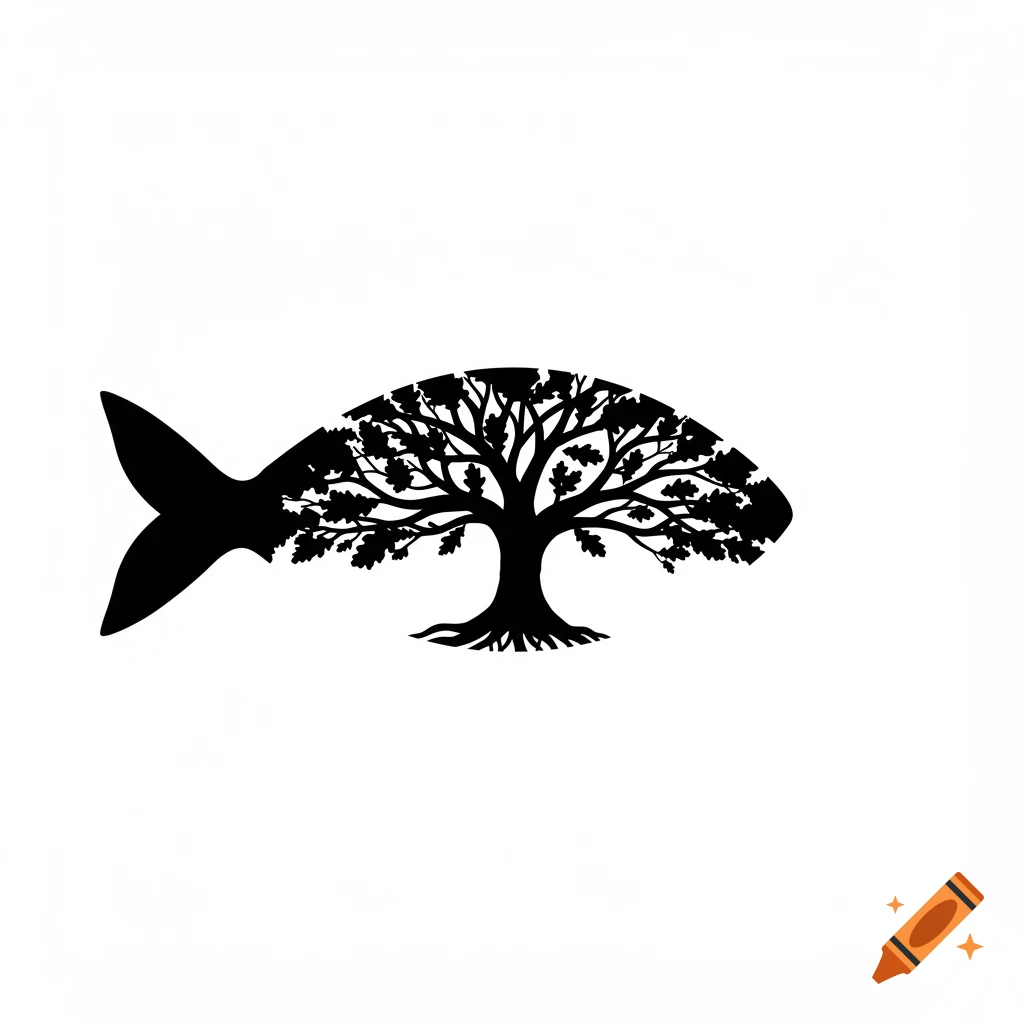 A black silhouette of an Ichthus (fish) symbol containing the intricate branches and roots of an oak tree, set against a plain white background.