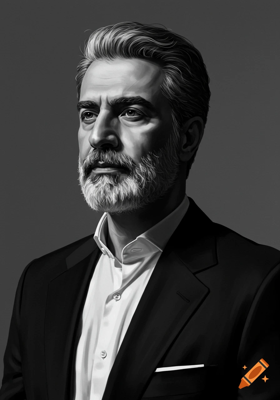 Black and white portrait of a man with gray hair and beard, wearing a white shirt and black suit jacket.