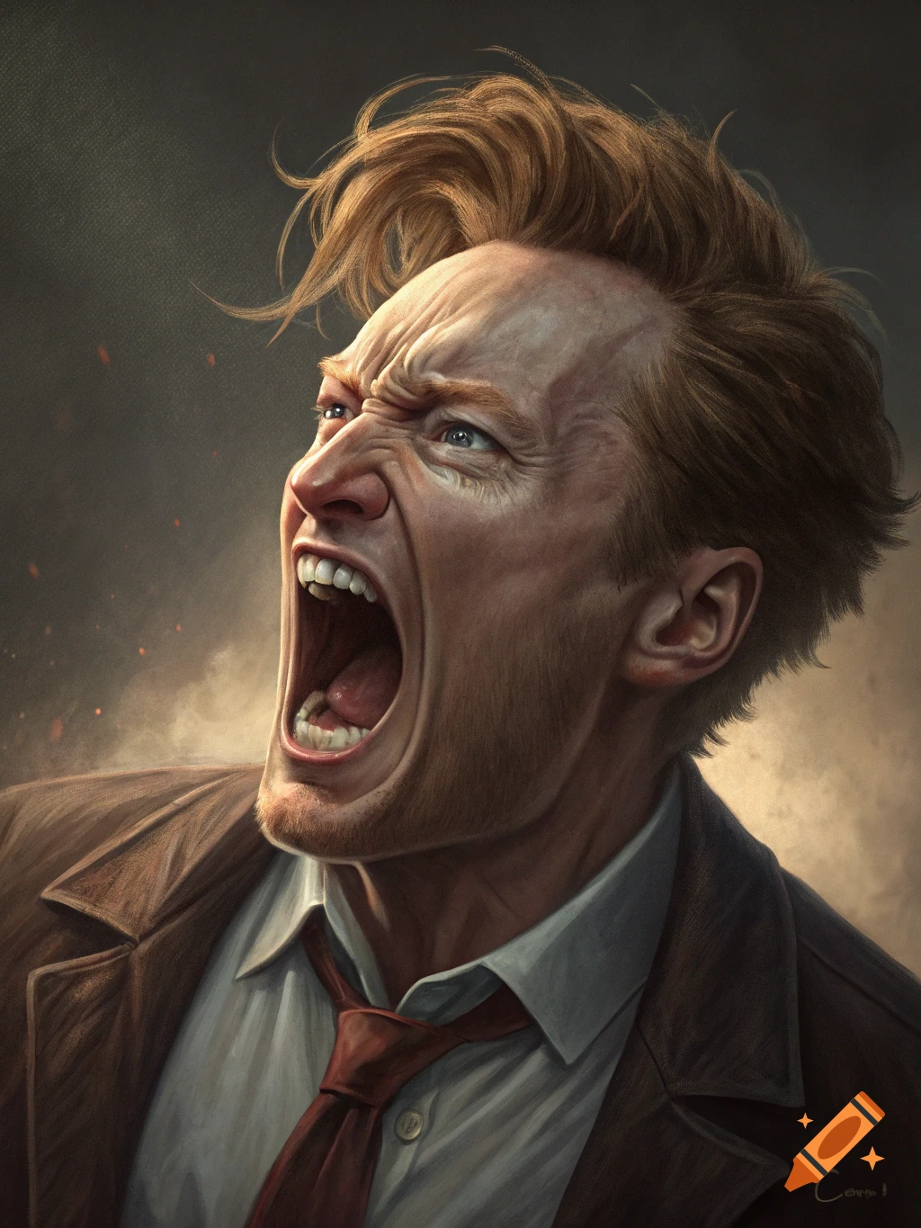Close-up portrait of an angry man with red hair screaming, wearing a white shirt and brown jacket.