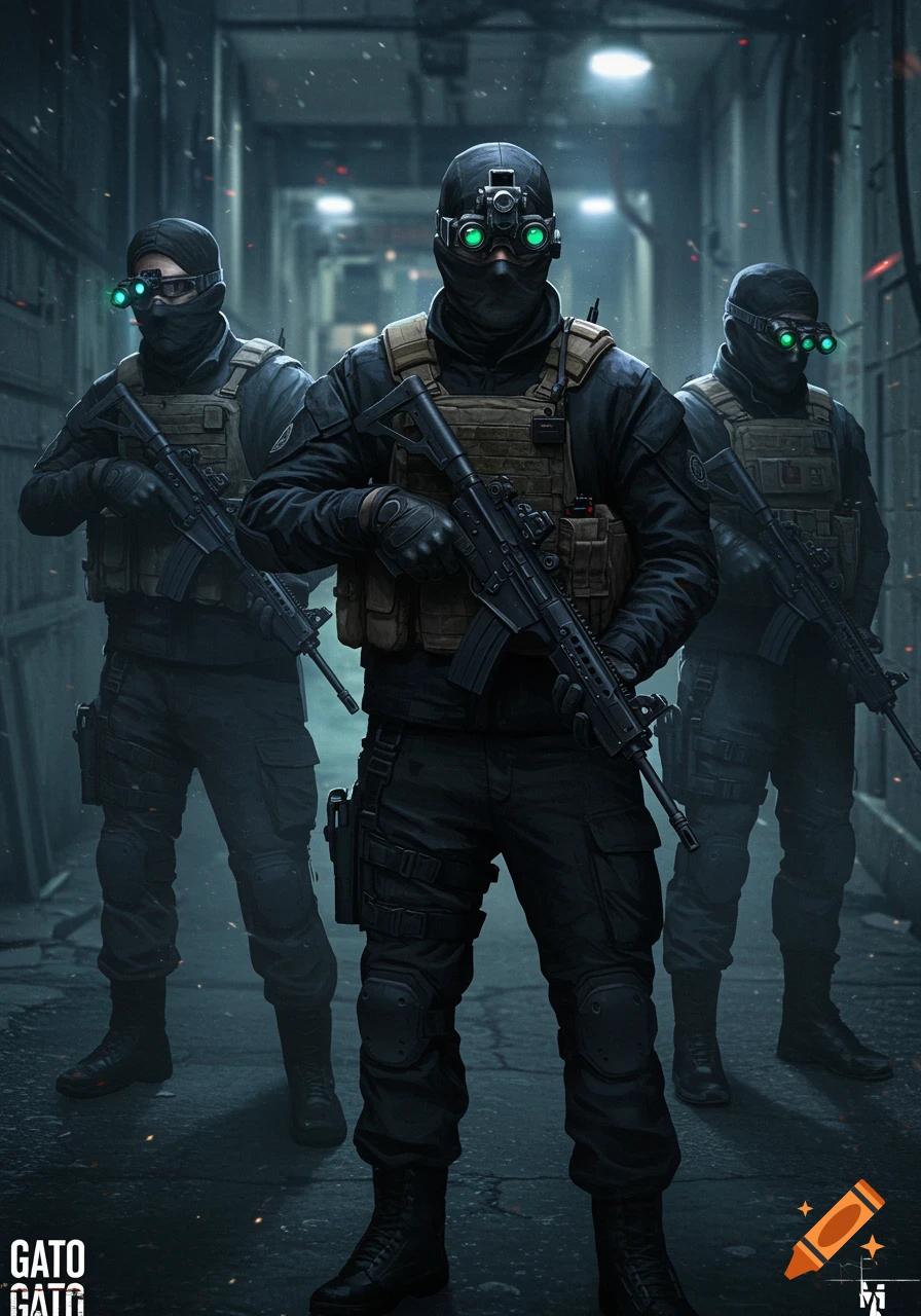 Three armed special forces soldiers in tactical gear and night vision goggles stand in a dark, gritty urban alleyway, looking menacing.