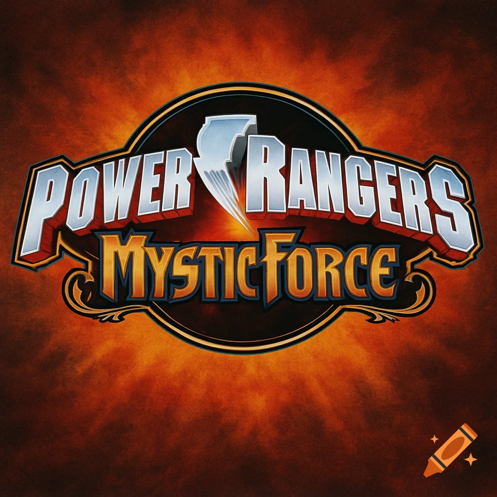 Stylized title card for Power Rangers Mystic Force with a lightning bolt symbol on a fiery orange background.