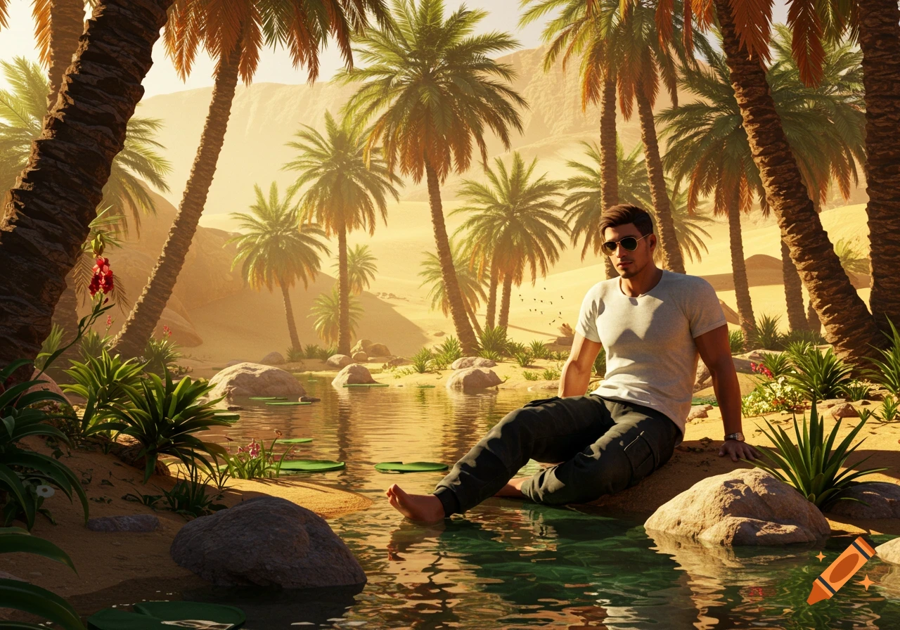 A man sits with his foot in the water at a hyperrealistic desert oasis surrounded by palm trees.