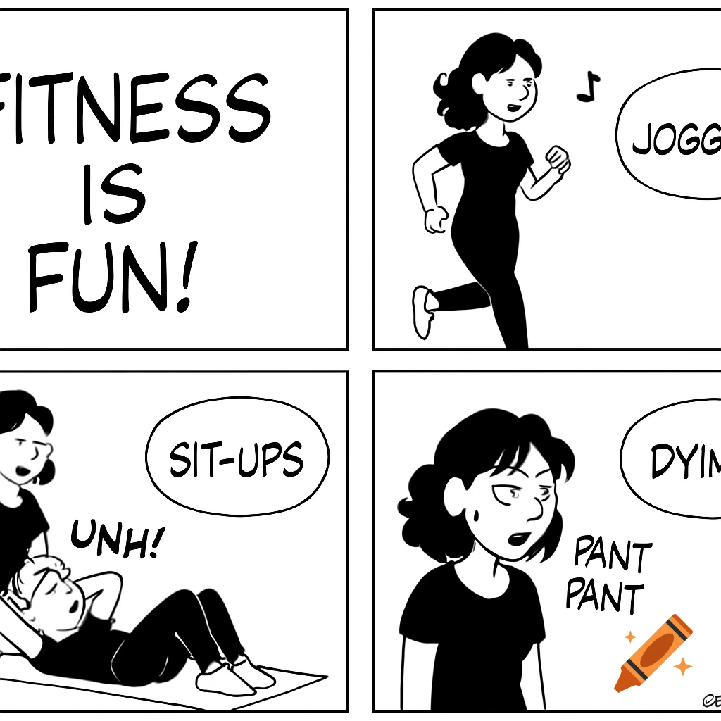 A four-panel black and white comic strip showing a woman's fitness journey, starting with excitement and ending in exhaustion after jogging and sit-ups.