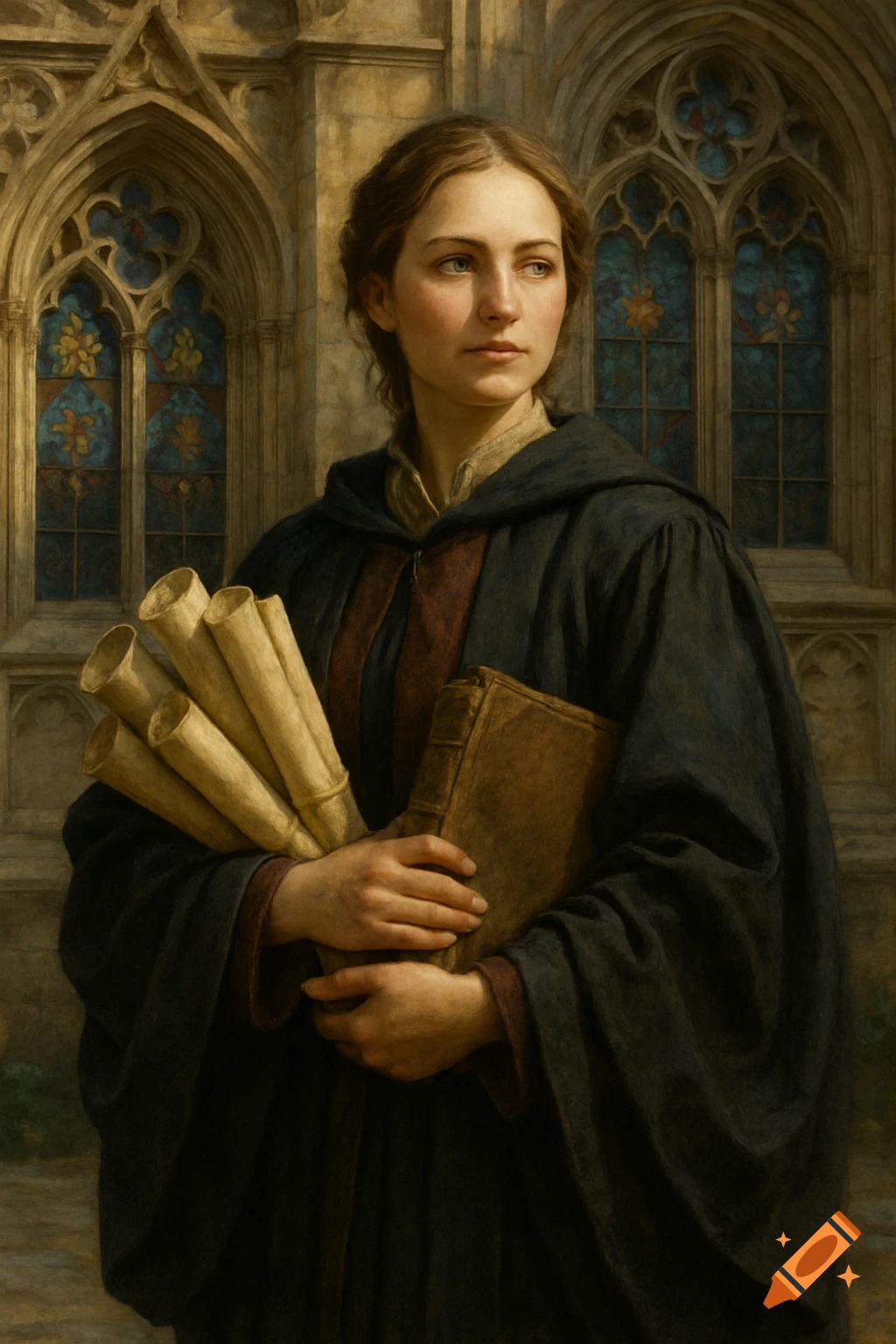A woman in dark scholar's robes holds scrolls and a book in front of a stone building with stained glass windows, in a painterly style.