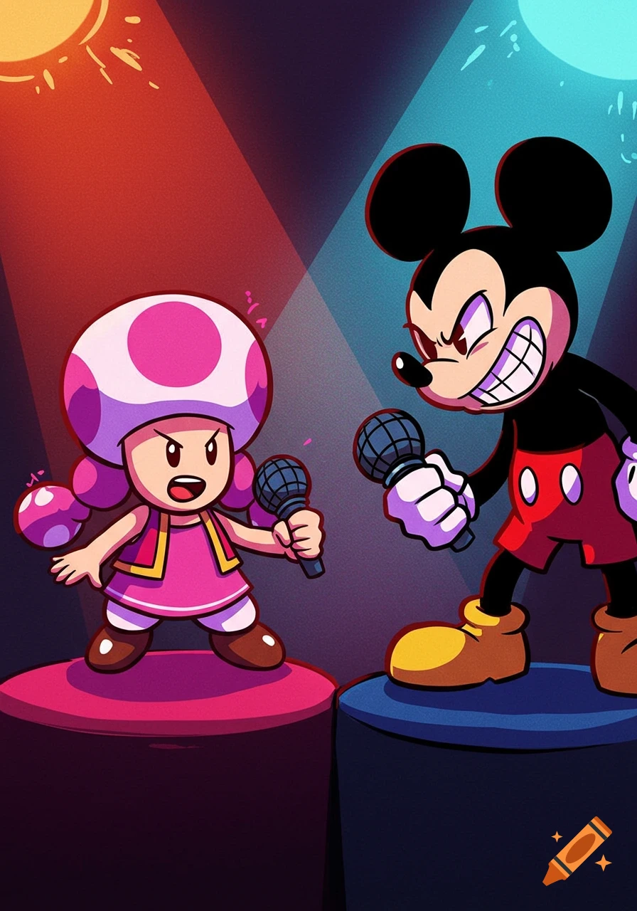 Cartoon of Toadette and Mickey Mouse in a Friday Night Funkin' style music battle on a stage with spotlights.