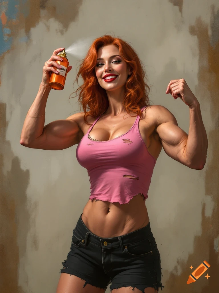 A muscular red-haired woman in a pink tank top and black shorts flexes and sprays perfume, smiling flirtatiously.