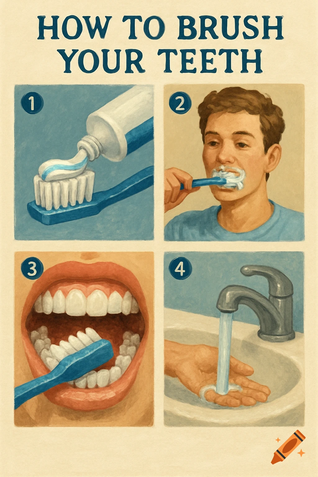 A step-by-step guide illustration on how to brush your teeth, showing toothpaste on brush, brushing, open mouth, and rinsing.
