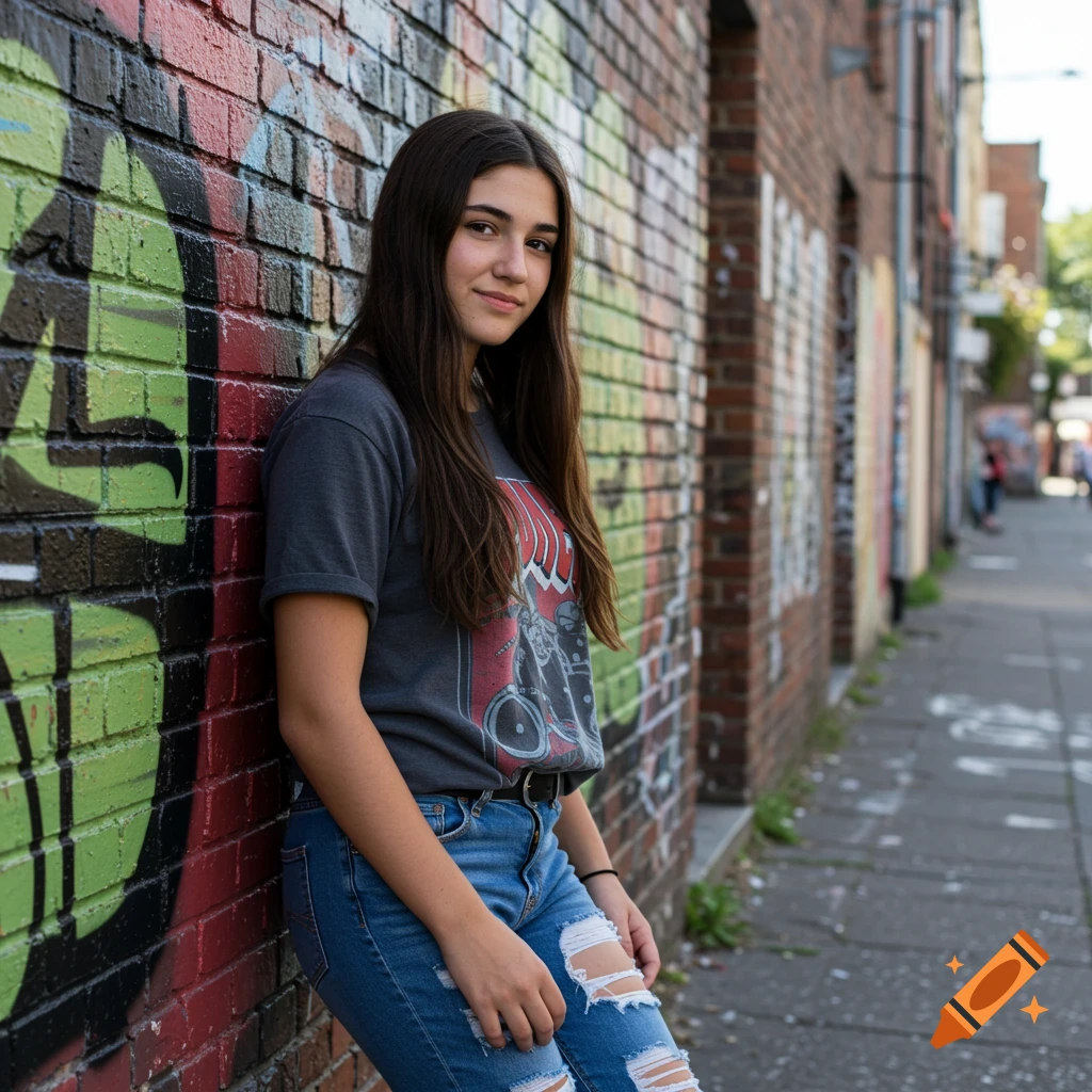 A young woman with long dark hair leans against a colorful graffiti-covered brick wall in an urban alley. Photorealistic.