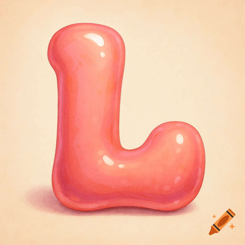 A shiny, plump, pink bubble letter L on a light beige background.