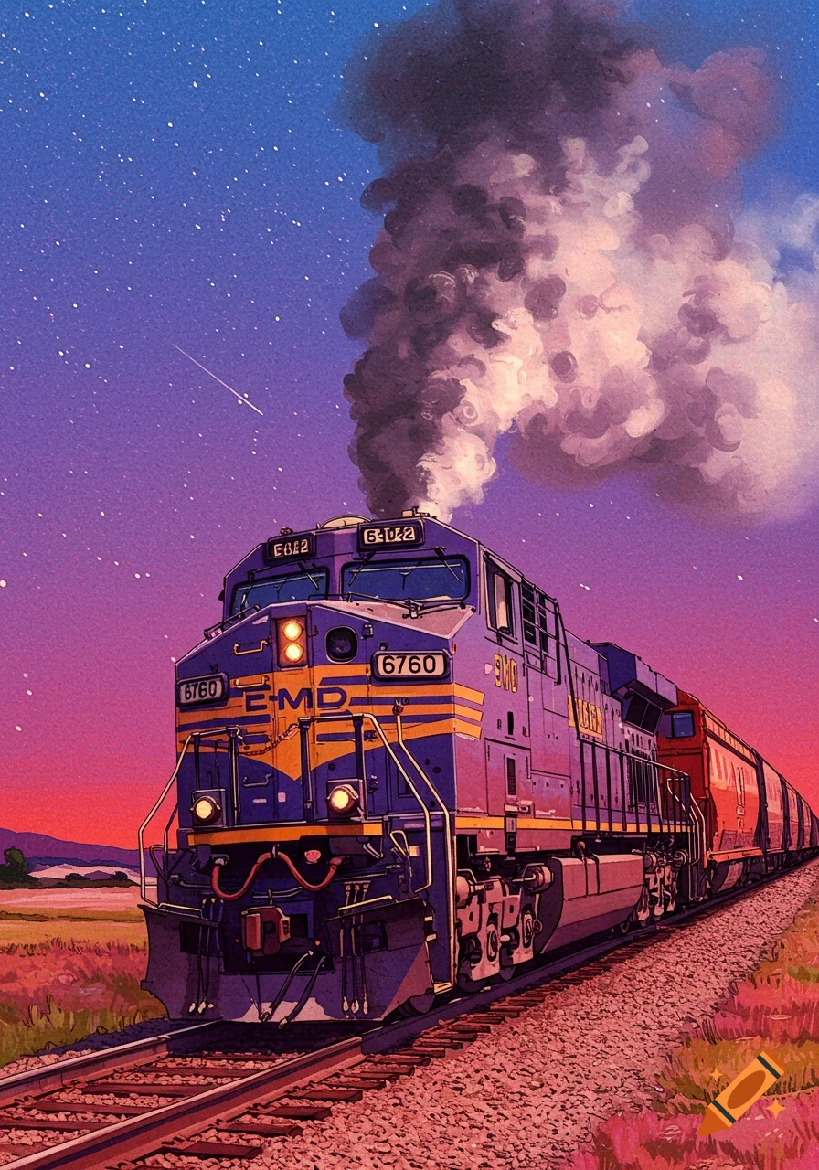 A stylized purple and orange train with EMD markings travels on tracks under a starry purple and orange sky.