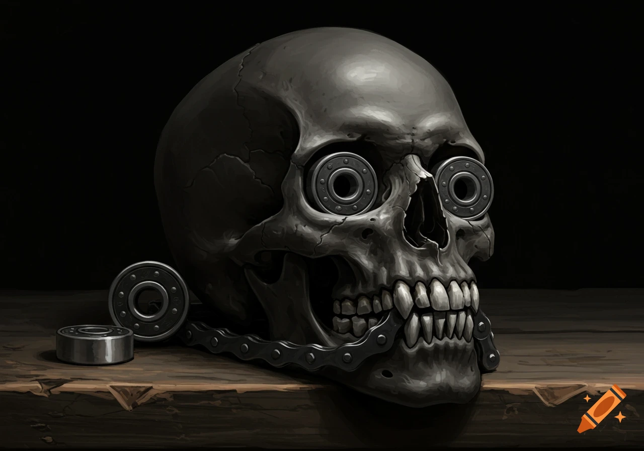 A dark, stylized still life of a skull with skateboard bearings for eyes and a bike chain for teeth on a wooden table.