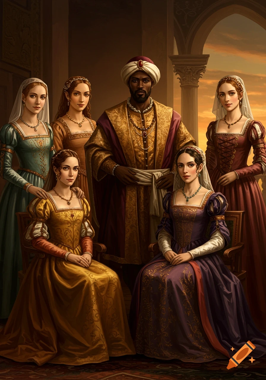 A dark-skinned man in a turban and ornate robes stands with four women in detailed Renaissance-era dresses in a grand hall.