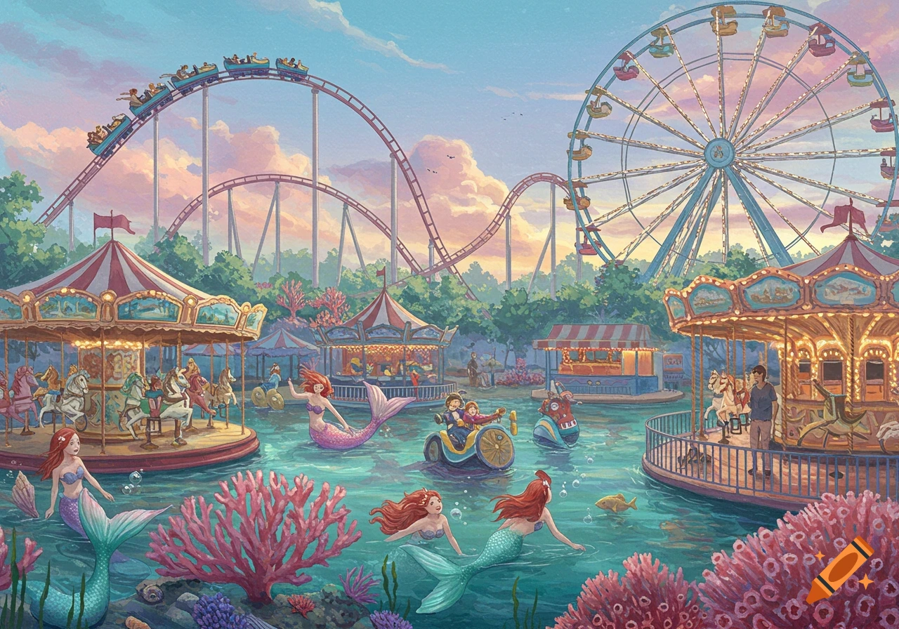 A vibrant, whimsical illustration of an amusement park at sunset with mermaids swimming in the water near carousels, a rollercoaster, and a Ferris wheel.
