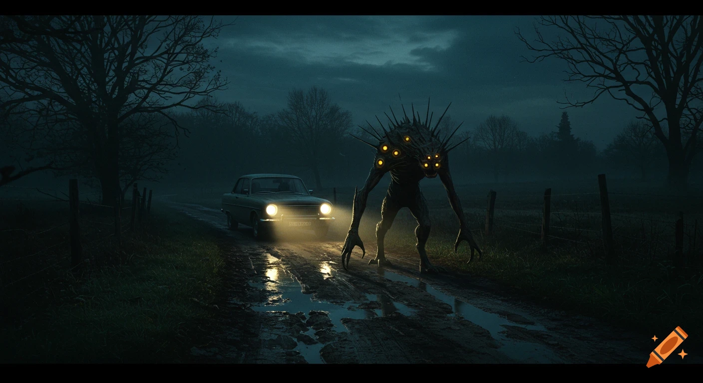 A spiky, multi-eyed creature stands on a muddy rural road at night, illuminated by the headlights of an old car.