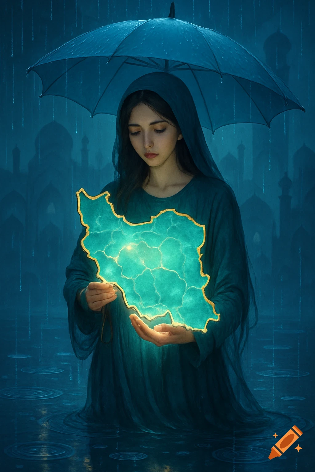 A solemn young woman under an umbrella in the rain, cradling a glowing map of Iran. Ethereal, detailed art.