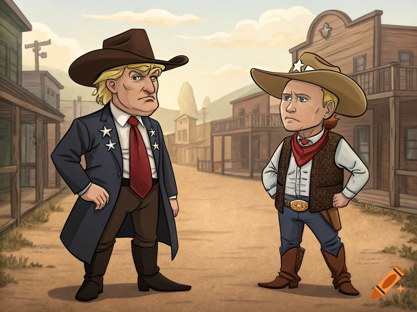 Cartoon caricatures of Donald Trump and Vladimir Putin dressed as cowboys in an old west town.