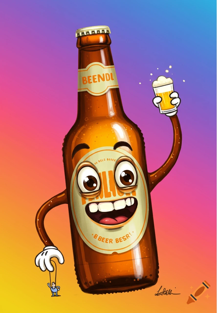A cartoon beer bottle with a cheerful face, holding a small glass of beer in one hand and a tiny person on a string in the other, against a vibrant gradient background.