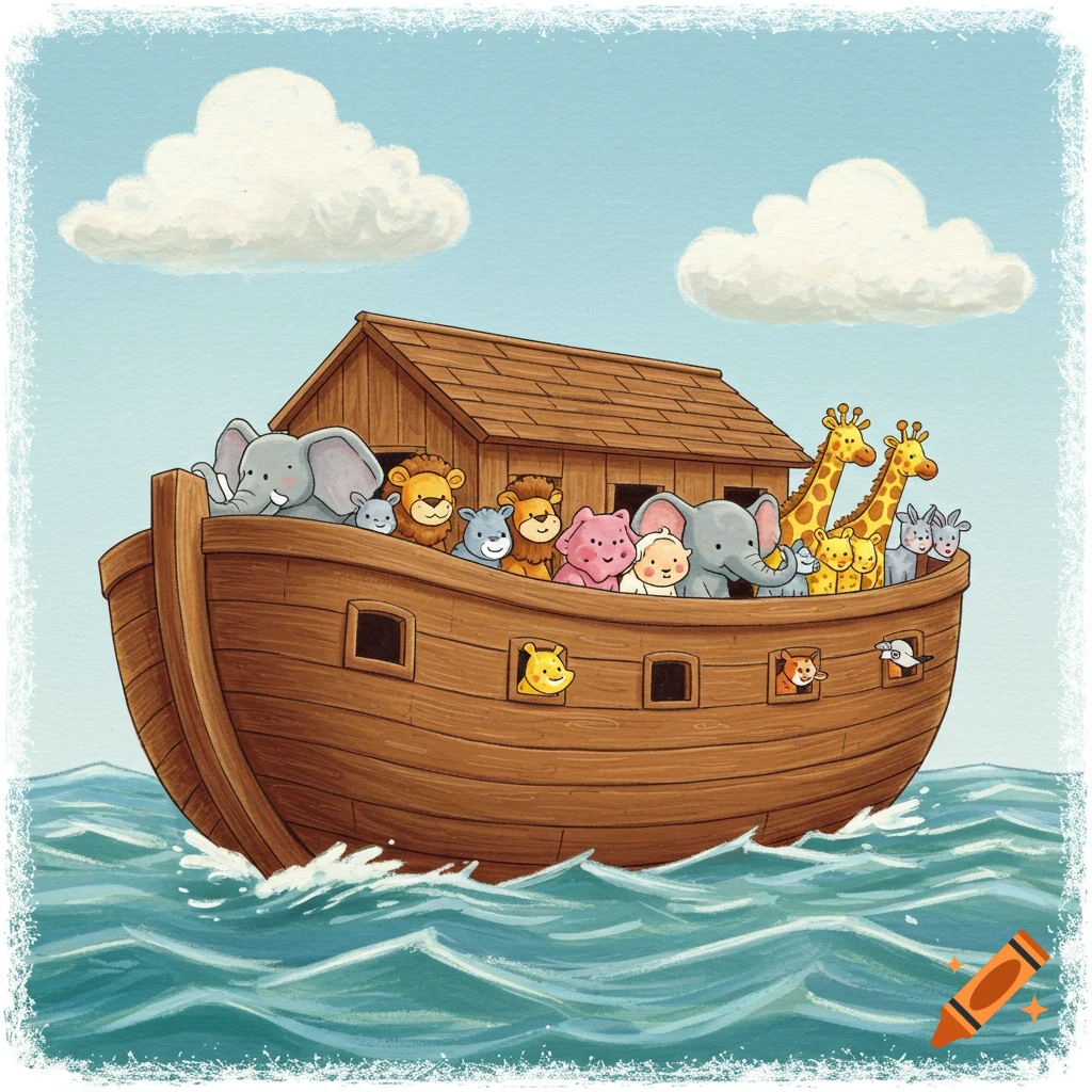 A cartoon illustration of Noah's Ark on wavy blue water, filled with cheerful animals and a baby looking out from the boat's deck under a blue sky with white clouds.