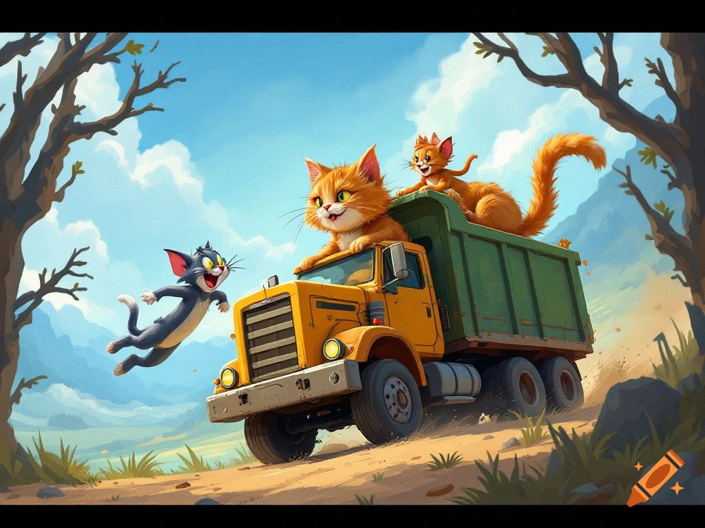 Cartoon Tom the cat leaps at a yellow dump truck driven by an orange cat, with another orange cat in the bed, on a dirt road.