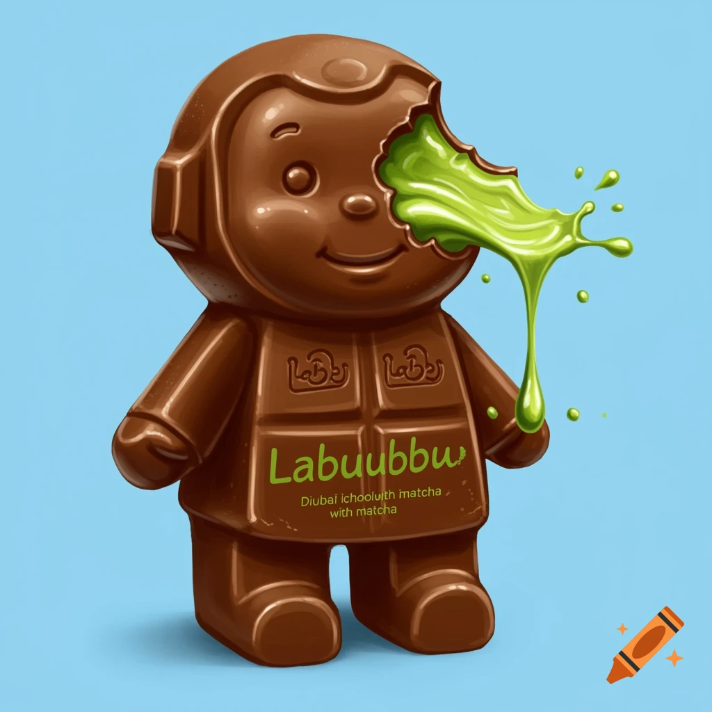 A chocolate doll figure with a bite taken out, from which green matcha liquid is splattering and dripping, against a light blue background in a cartoon style.