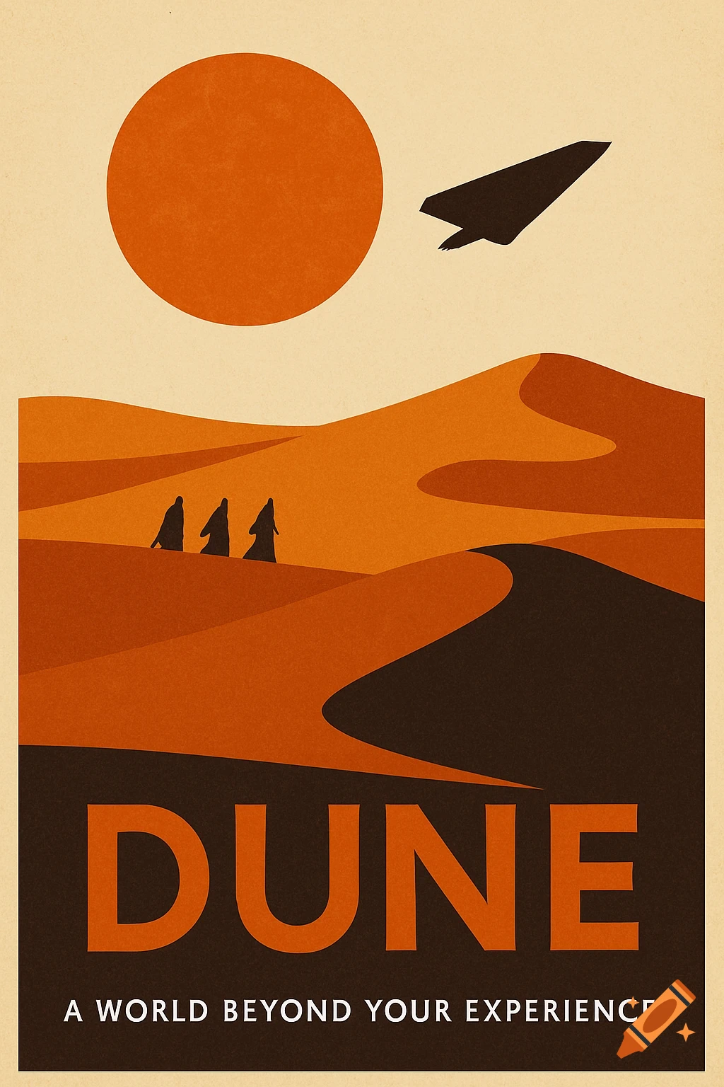 Minimalist retro style poster for Dune, featuring an orange sun, spaceship, desert dunes, and robed figures.
