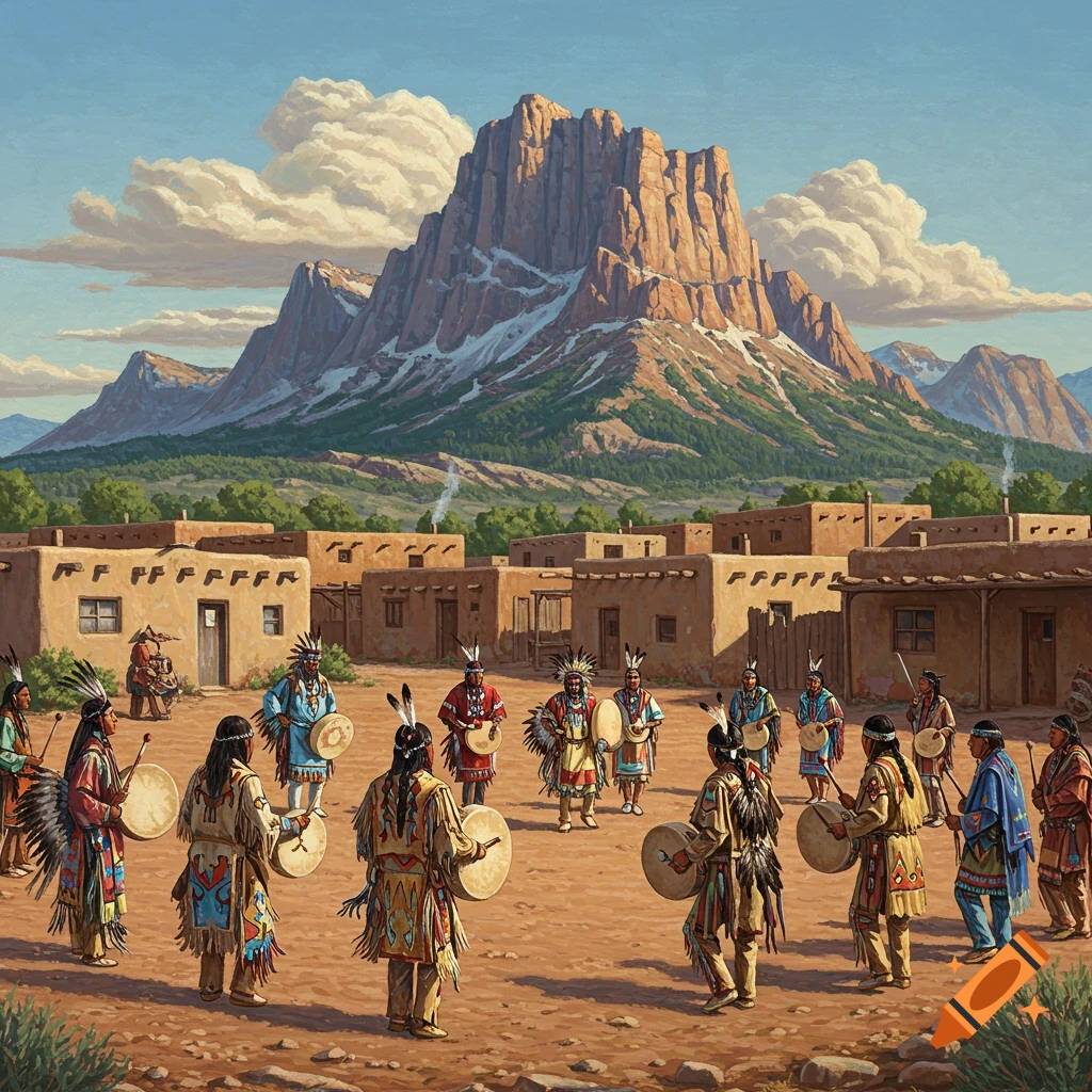 Painting of Native American people in traditional attire holding drums, gathered in a village with adobe buildings and large mountains in the background.