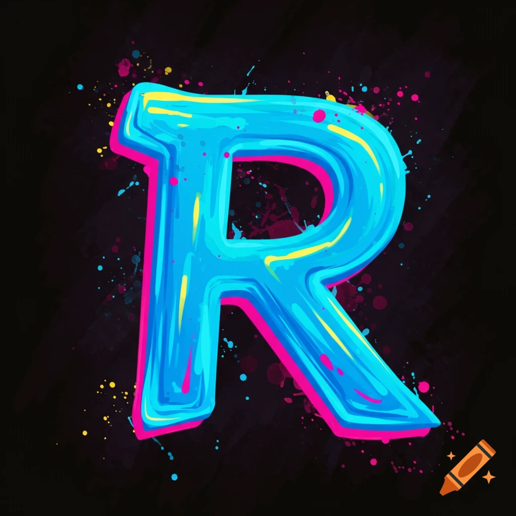 A vibrant, stylized letter R in blue and pink with paint splatters on a dark background.